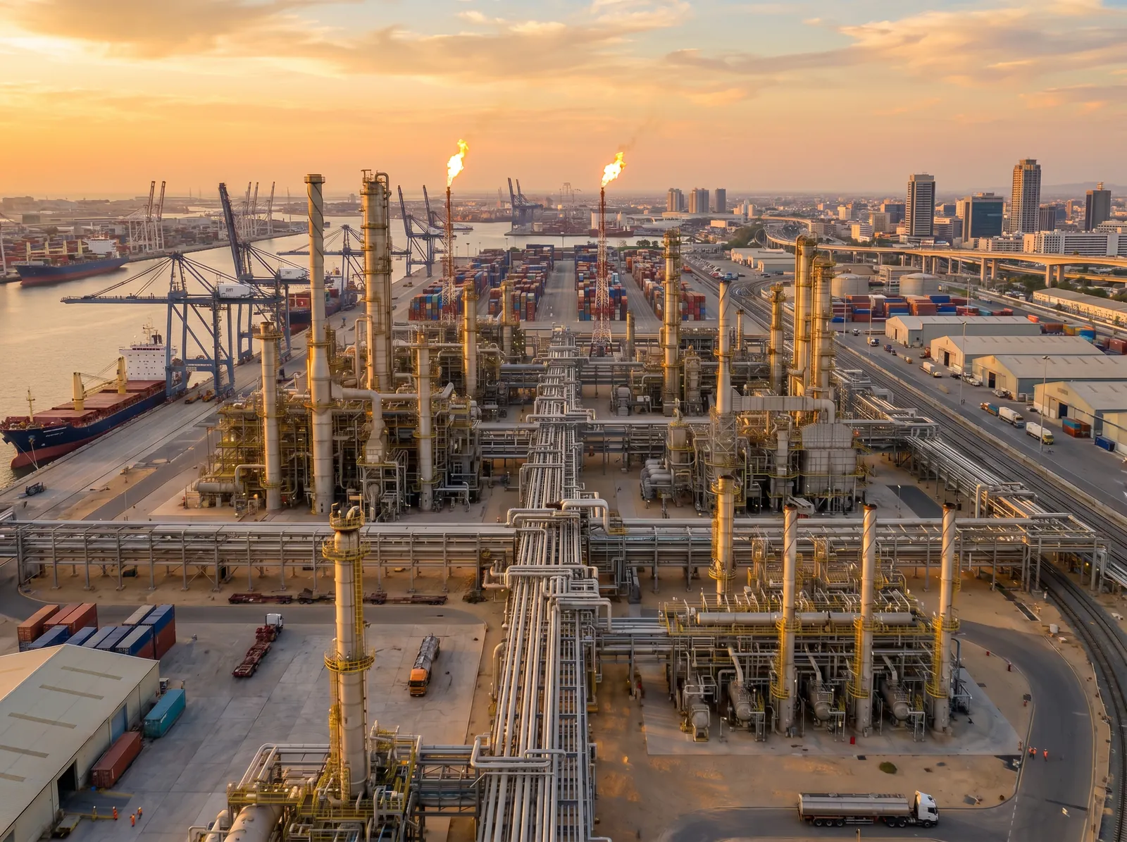 UAE oil and gas refinery at dusk